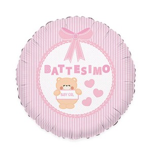 Palloncino Battesimo cornice rosa e Orsetto Baby Girl Tondo 9"/23cm MiniShape in Mylar