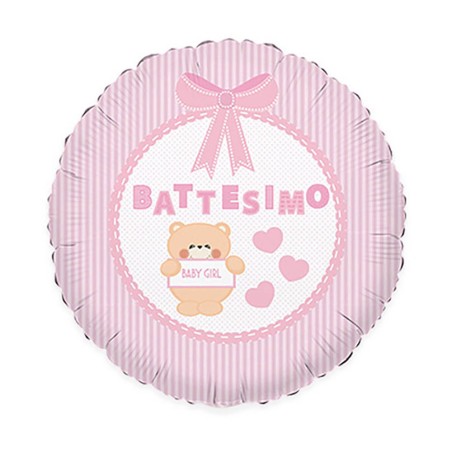 Palloncino Battesimo cornice rosa e Orsetto Baby Girl Tondo 9"/23cm MiniShape in Mylar