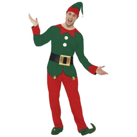 Costume da Elfo, verde e rosso, con top, pantaloni, cappello e cintura