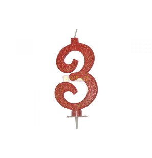 Candelina Rossa Glitter 7cm Numero 3