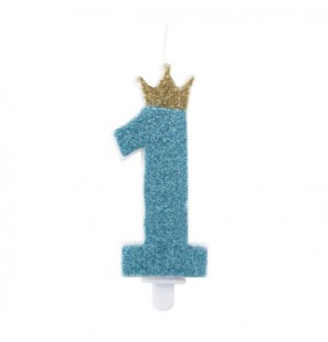 Candelina Primo Compleanno Azzurro Glitter con Corona Oro 9,5cm