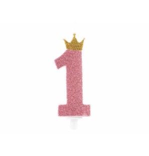 Candelina Primo Compleanno Rosa Glitter con Corona Oro 9,5cm