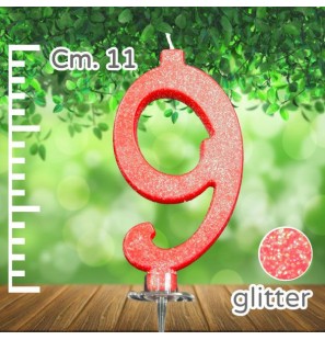 Candelina Rossa Glitter 11cm Numero 9