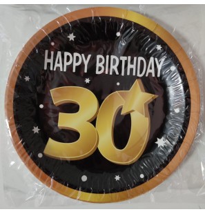 8 Piatti con design "Happy Birthday 30" di carta compostabili da 23cm