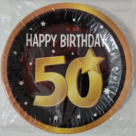 8 Piatti con design "Happy Birthday 50" di carta compostabili da 23cm